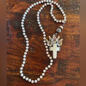 Rare Tara Gasparian Bone Carved Cross Necklace set silver Boho
Art African beads